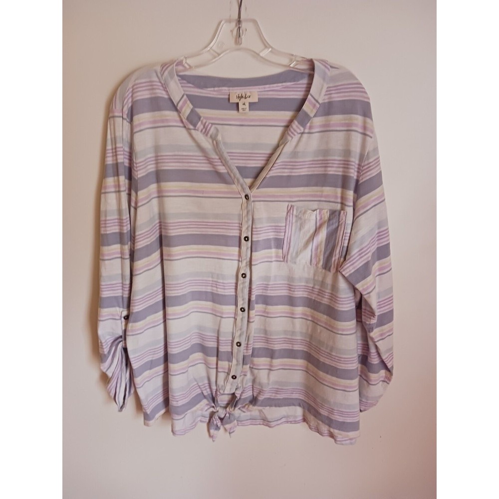 Style & Co Blouse Striped White Purple Front Tye V-Neckline Womens Size 4X